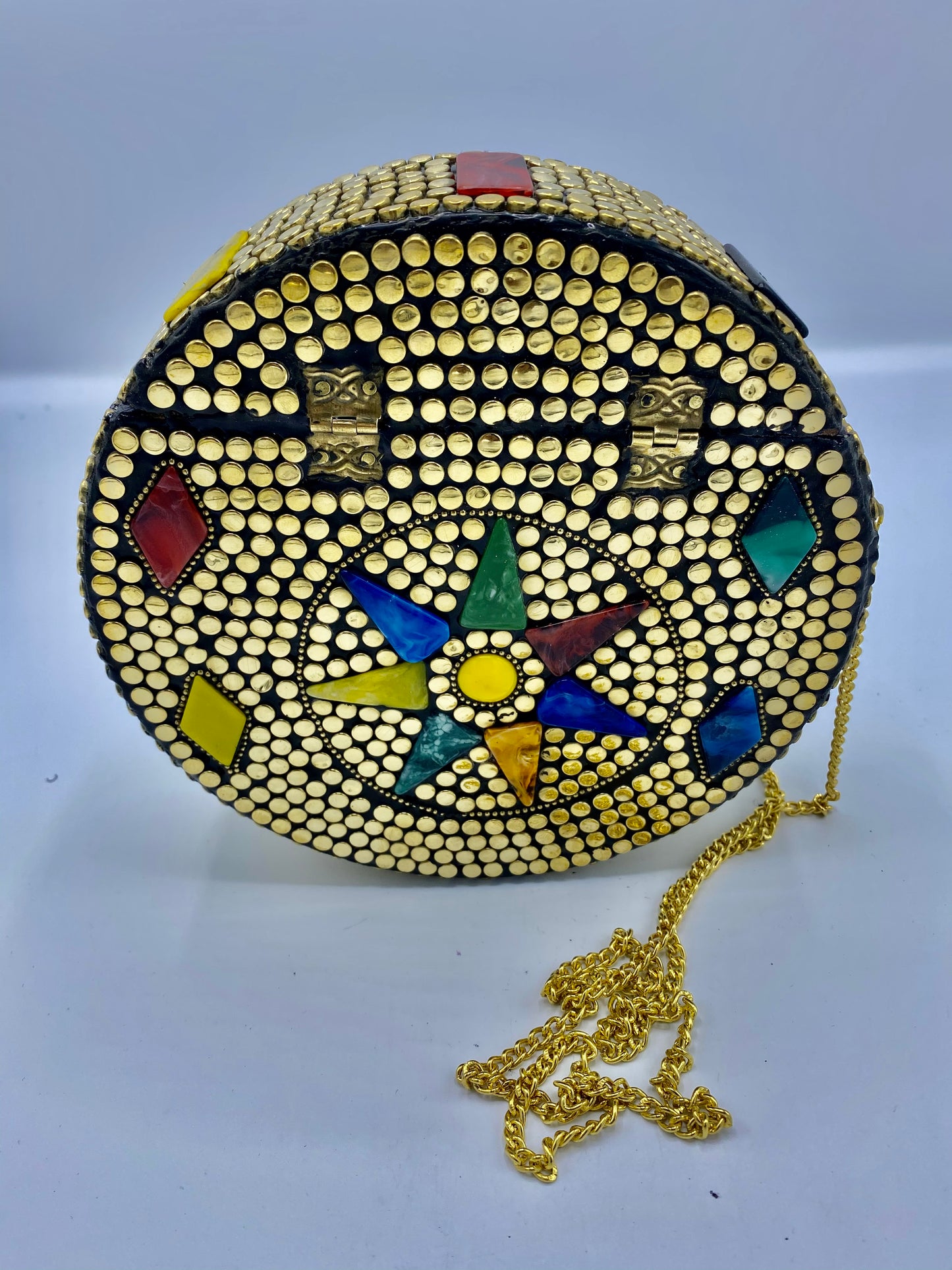 Round Golden Buttons with Multi Color Star in Center Design  Stones clutch