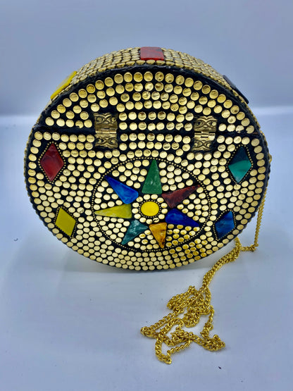 Round Golden Buttons with Multi Color Star in Center Design  Stones clutch
