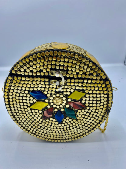 Round Gold Buttons with Multi Colors Flowery Ethnic Design Clutch