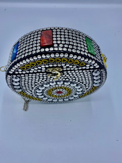 Round Silver Buttons With Yellow Heart Shapes Mosaic Clutch
