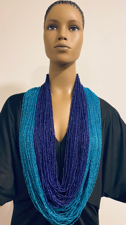 Navy And Blue Long Layered Seed Bead Necklace