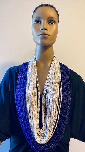 Blue and White Long Layered Seed Bead Necklace