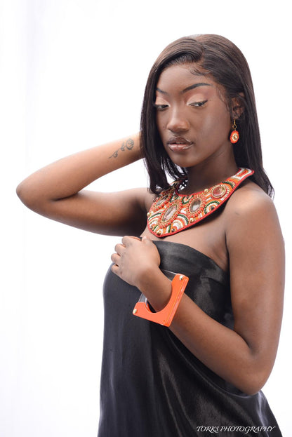 Red, White, and Orange Bead Round Collar Bib Necklace Set