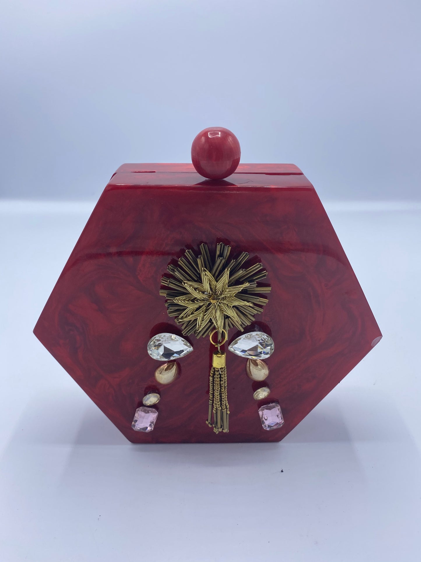 Handcrafted Red Hexagon  Resin with embellishment of pearls and stones Clutch