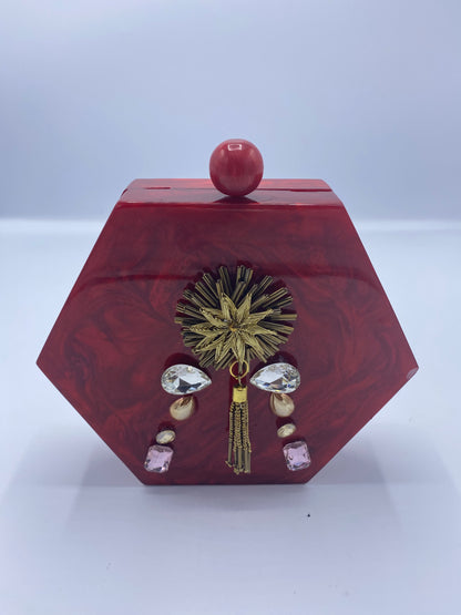Handcrafted Red Hexagon  Resin with embellishment of pearls and stones Clutch