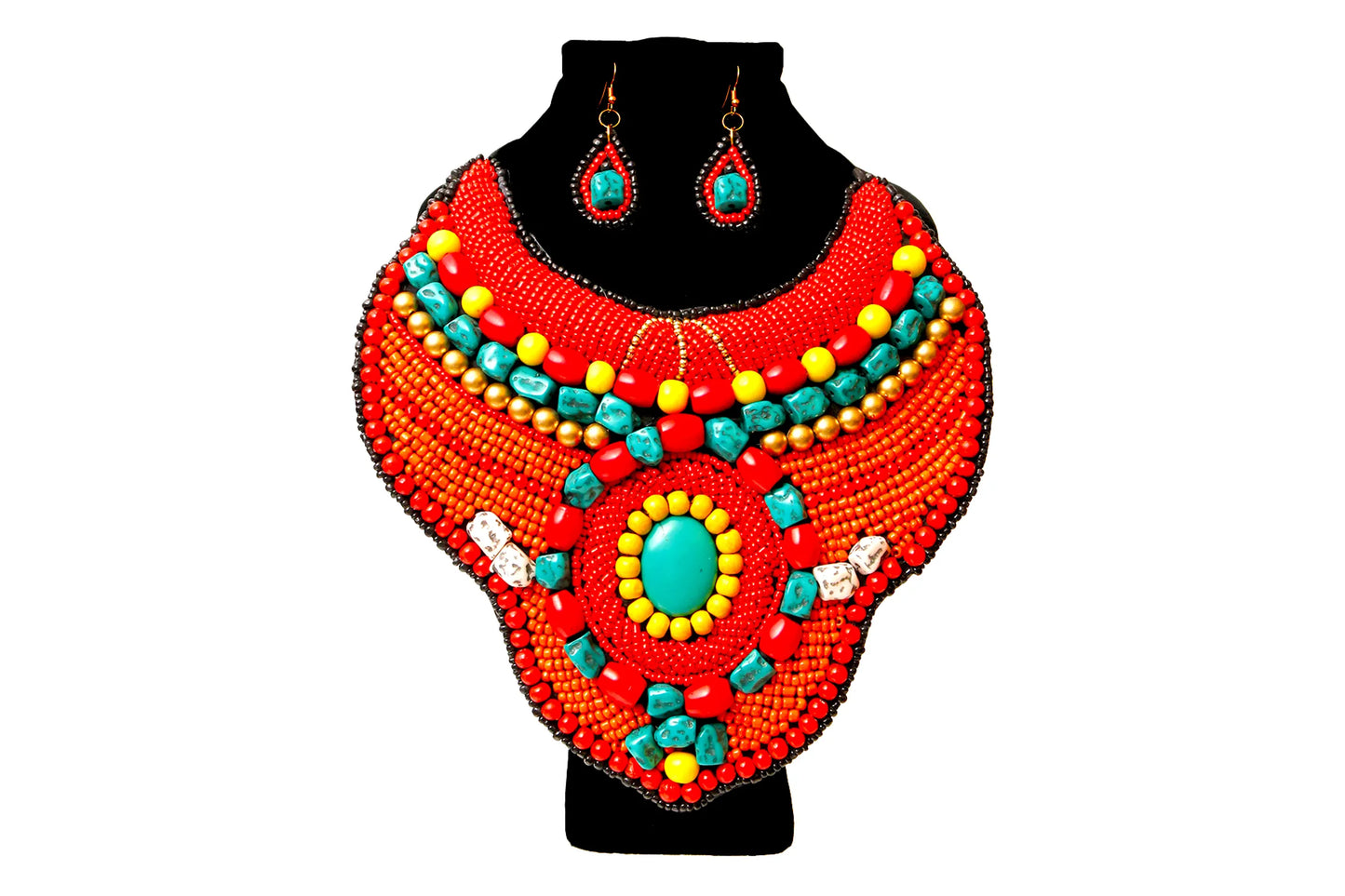 Red and Orange Bead Raised Collar Bib Necklace Set with Turquoise Stone Bead Detail