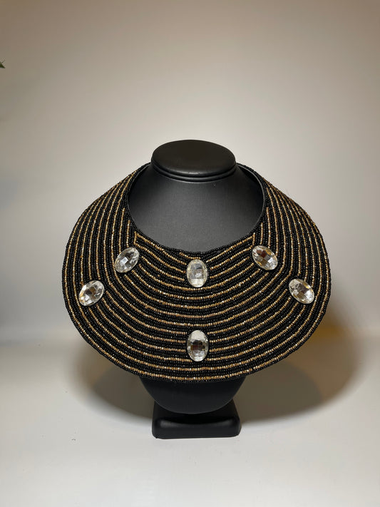 Black and Gold Bead Large Collar Bib Necklace