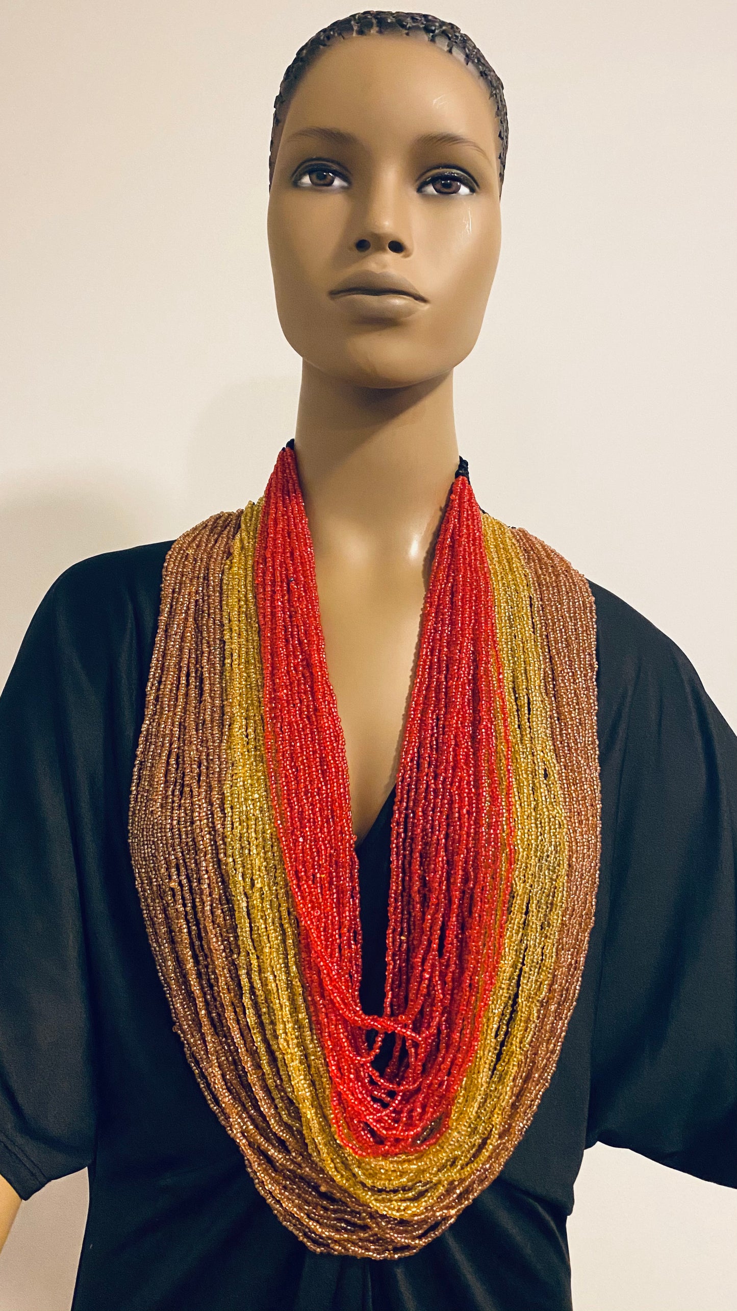 Orange Yellow and Red Long Layered Seed Bead Necklace