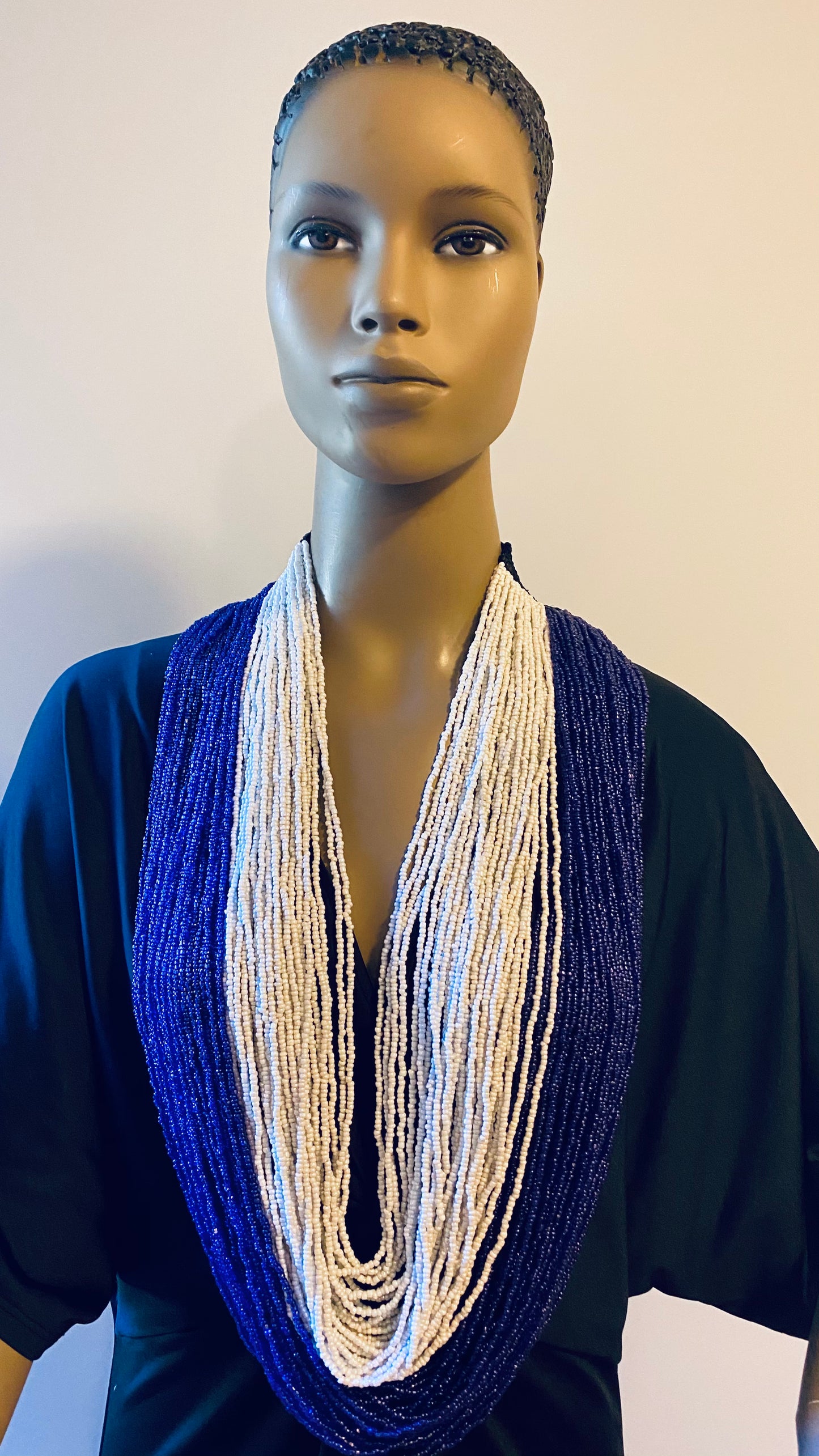 Blue and White Long Layered Seed Bead Necklace