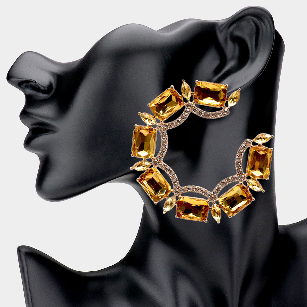 Rectangle Stone Accented Hoop Evening Earrings