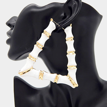 Enamel Metal Bamboo Trapezoid Hoop Earrings