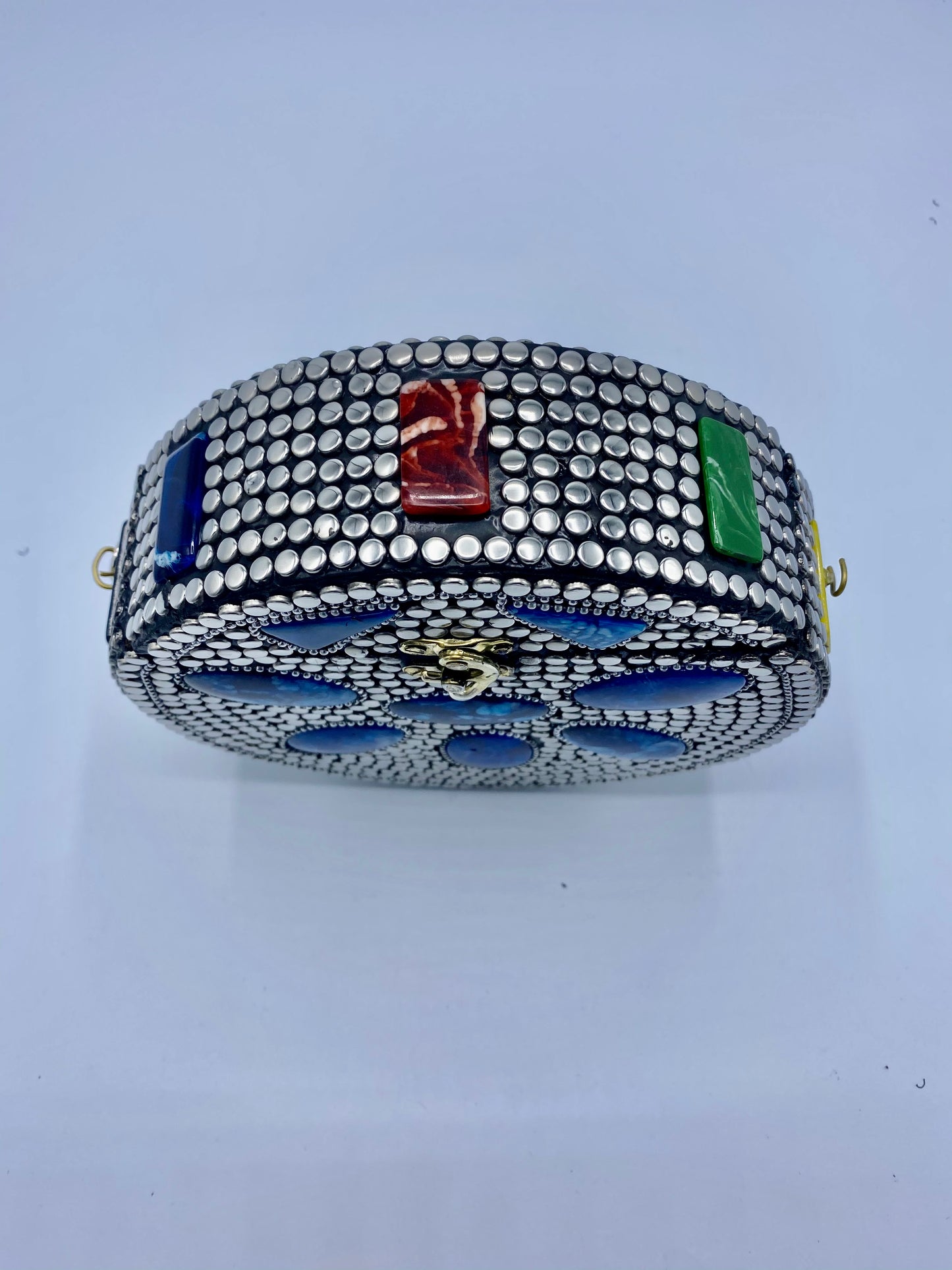 Round Silver Buttons with Blue Stones  Design Clutch