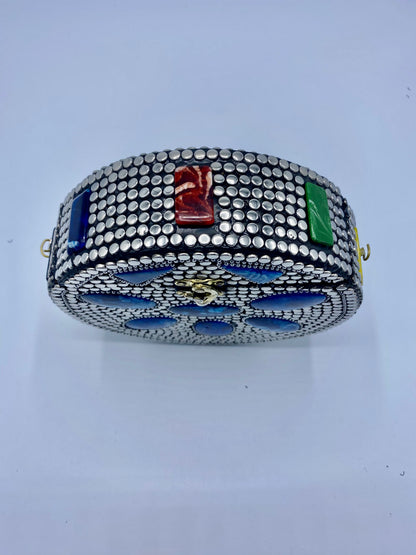 Round Silver Buttons with Blue Stones  Design Clutch