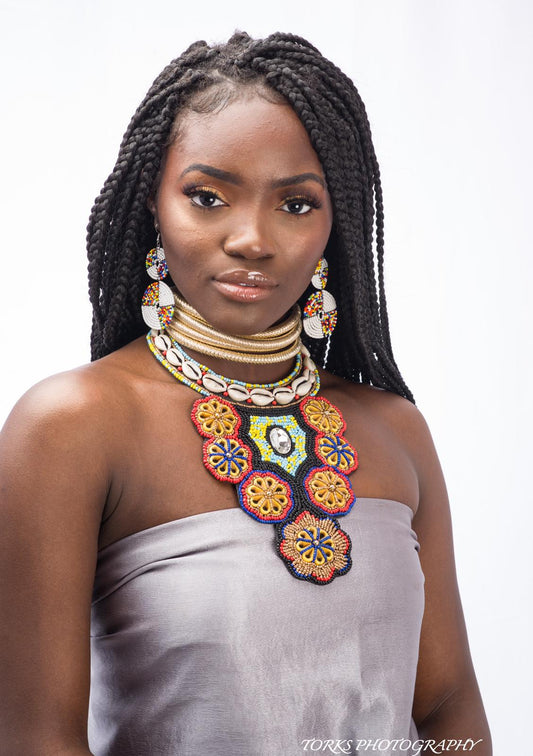 Multi Color Cowrie Shell Tribal Bib Necklace