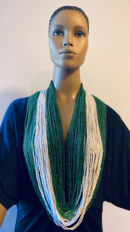 Green and White Long Layered Seed Bead Necklace