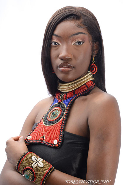 african model with maasai style collar bib and beaded bracelet