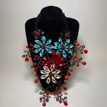 Red White And Turquoise Blue Beds Of  Flowers Necklace Set