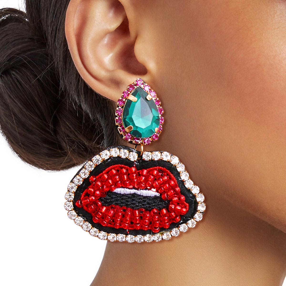 Crystal Teardrop Beaded Embroidery Lips Earrings