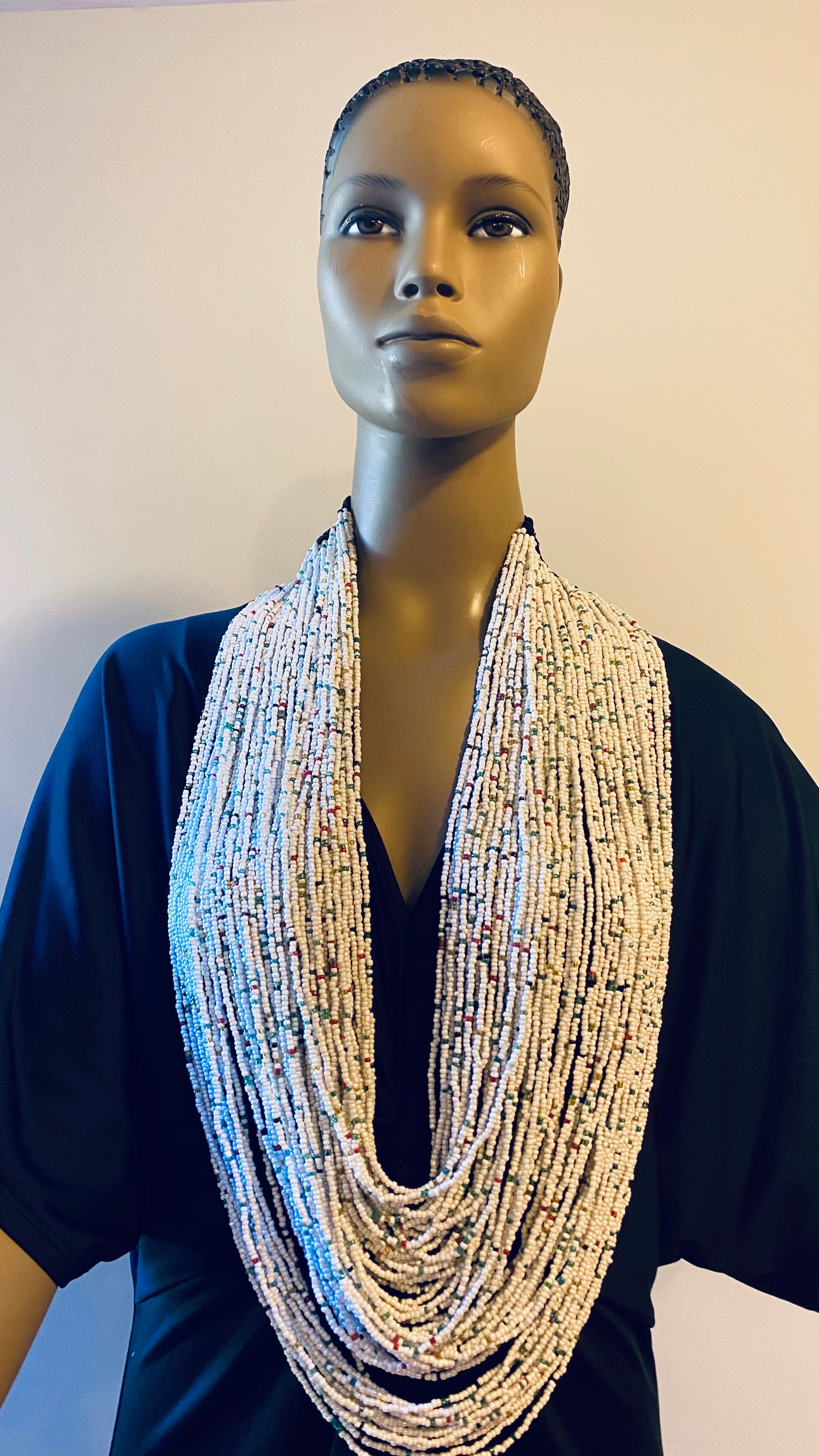 White with Multi Colors Long Layered Seed Bead Necklace