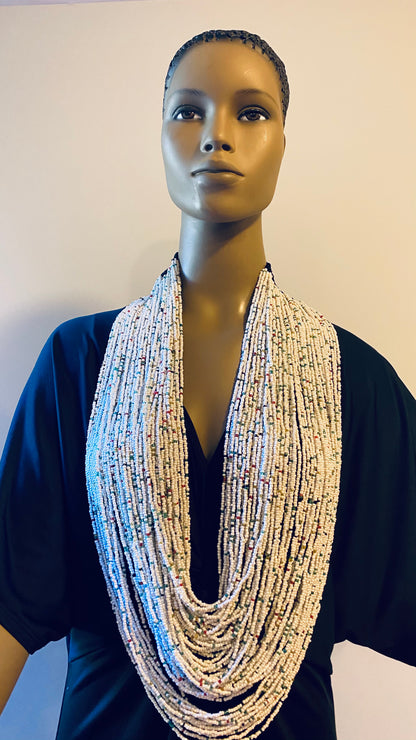 White with Multi Colors Long Layered Seed Bead Necklace
