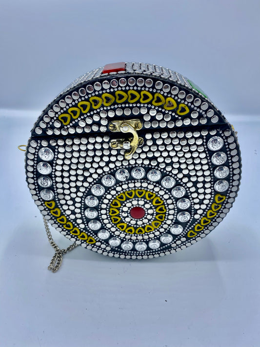 Round Silver Buttons With Yellow Heart Shapes Mosaic Clutch