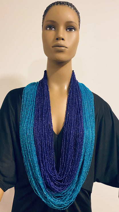 Navy And Blue Long Layered Seed Bead Necklace