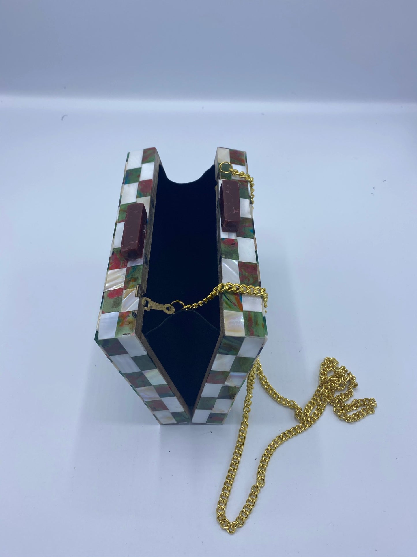 Handcrafted Chevron Green and White Mother Of Pearl Clutch