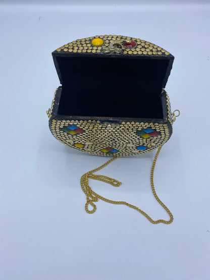 Round Gold Buttons with Black Stones Design Clutch