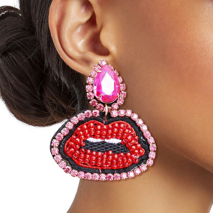 Crystal Teardrop Beaded Embroidery Lips Earrings