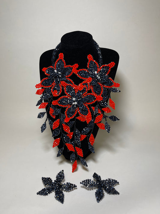 Red And Black  Sparkle Flowers with White Pearls Necklace Set