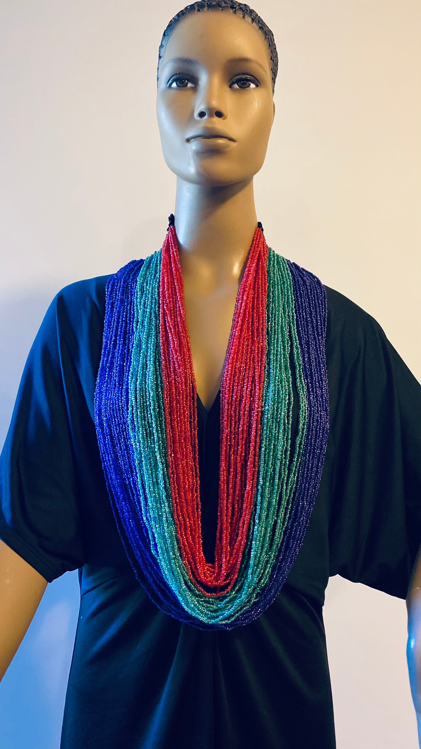 Light Green, Navy, and Red Long Layered Seed Bead Necklace