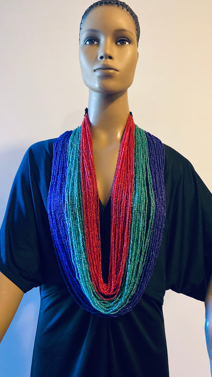 Light Green, Navy, and Red Long Layered Seed Bead Necklace