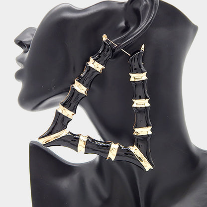 Enamel Metal Bamboo Trapezoid Hoop Earrings