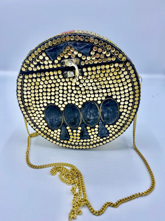 Round Gold Buttons with Black Stones Design Clutch