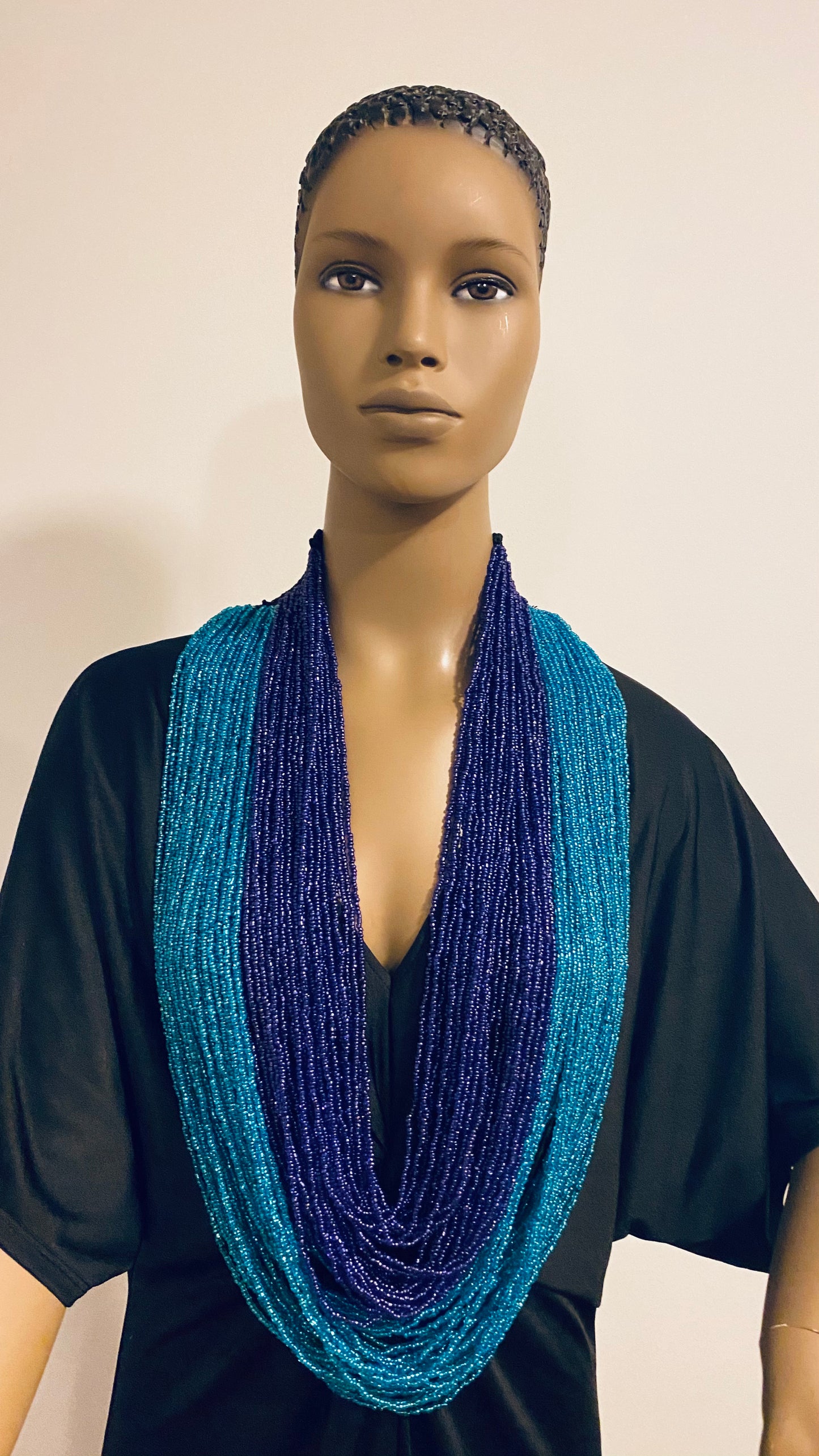 Navy And Blue Long Layered Seed Bead Necklace