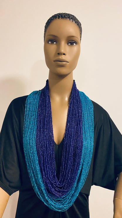 Navy And Blue Long Layered Seed Bead Necklace