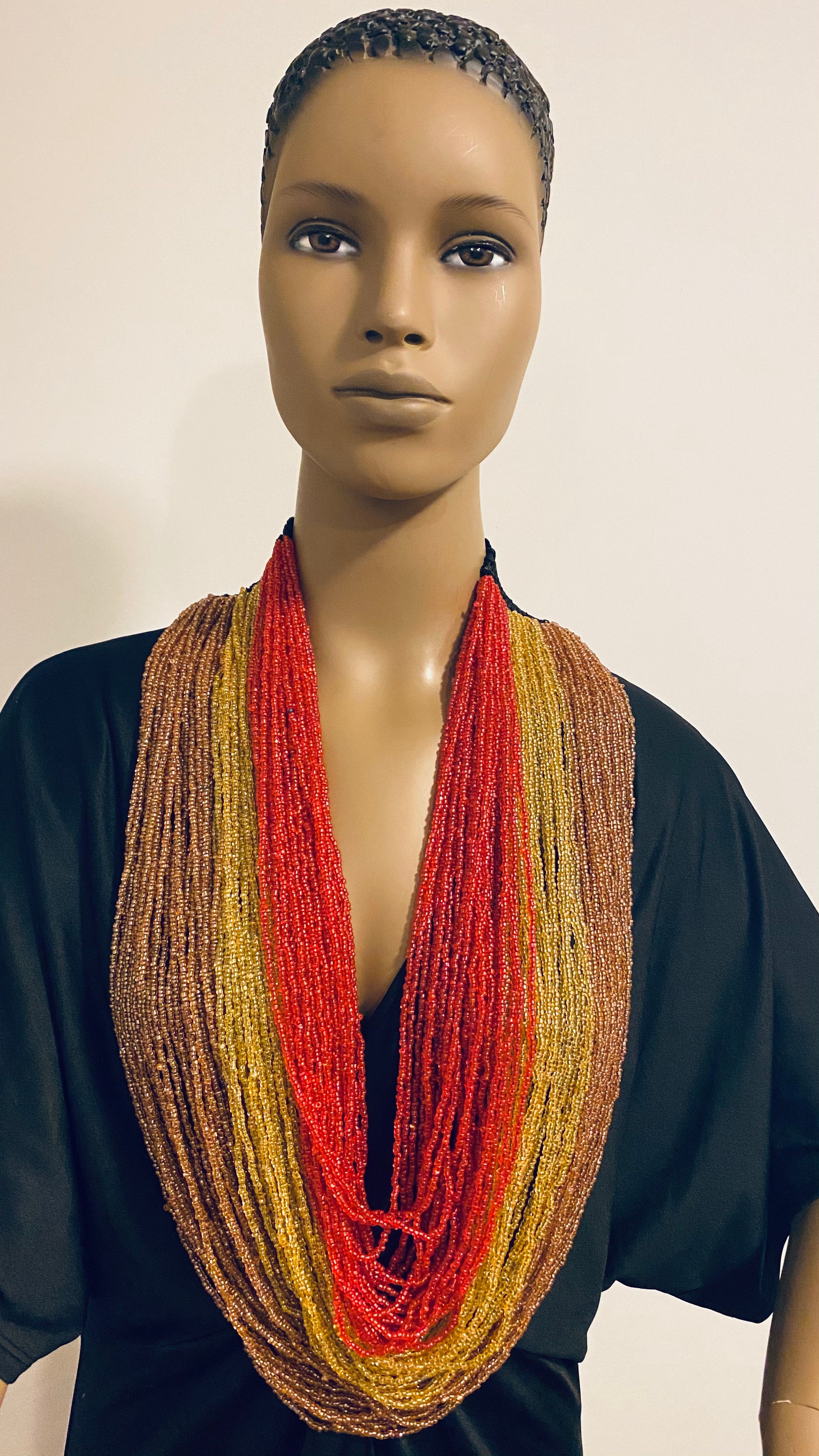 Orange Yellow and Red Long Layered Seed Bead Necklace