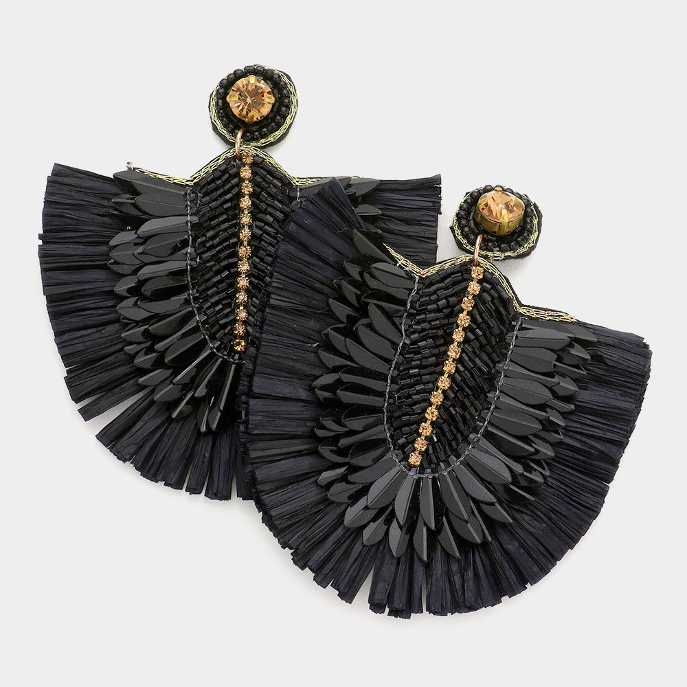 Stone Embellished Boho Raffia Dangle Earrings