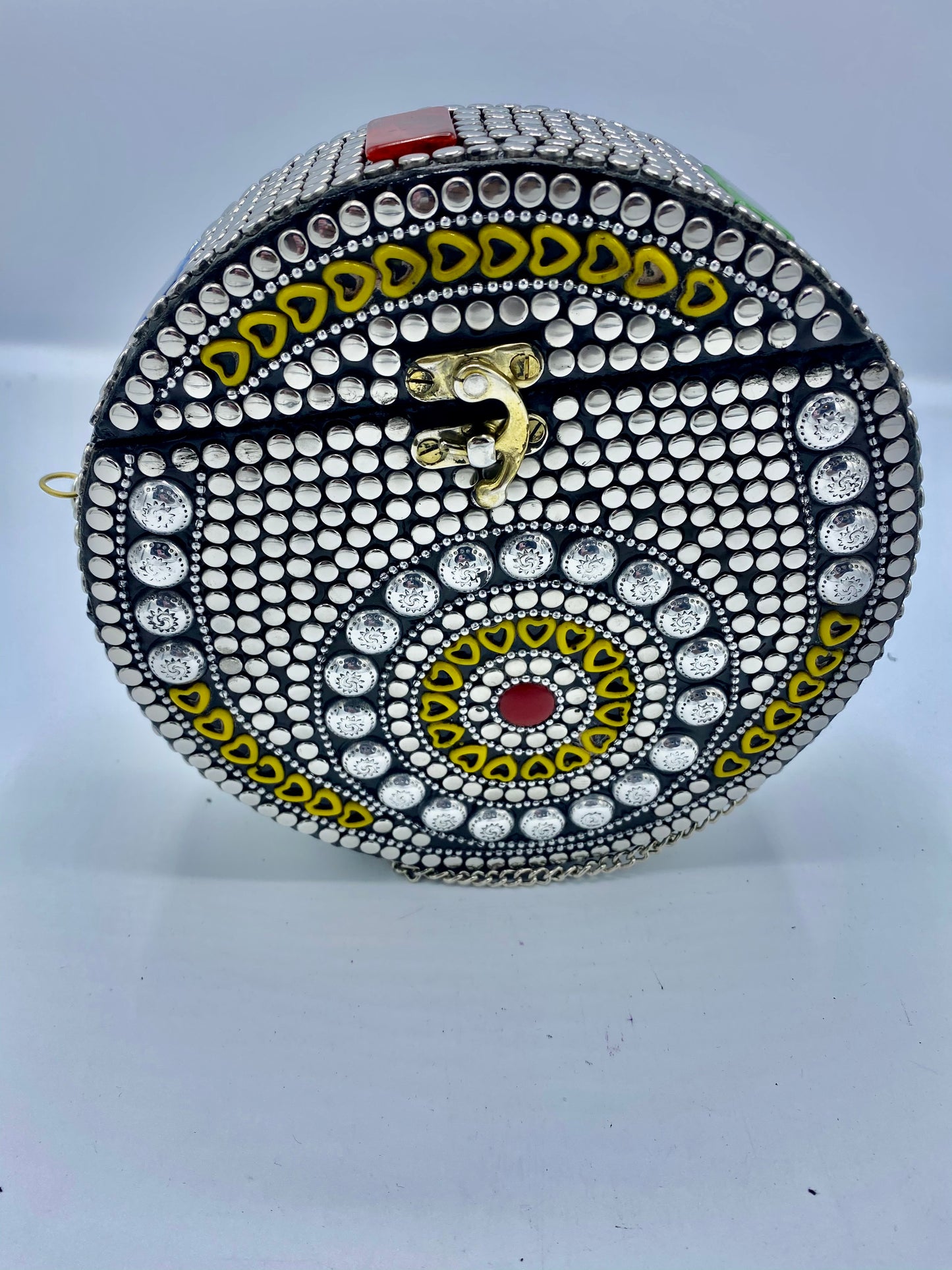 Round Silver Buttons With Yellow Heart Shapes Mosaic Clutch