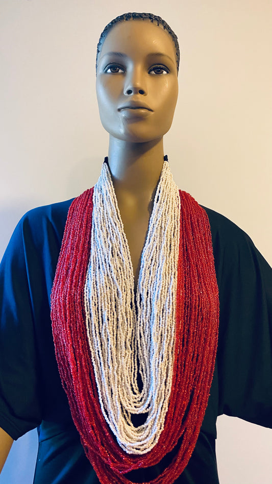 Red and White Long Layered Seed Bead Necklace