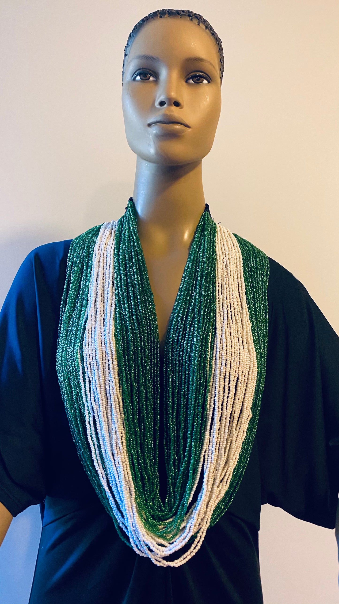 Green and White Long Layered Seed Bead Necklace