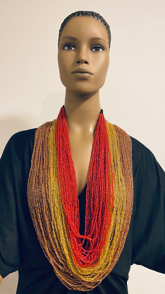 Orange Yellow and Red Long Layered Seed Bead Necklace