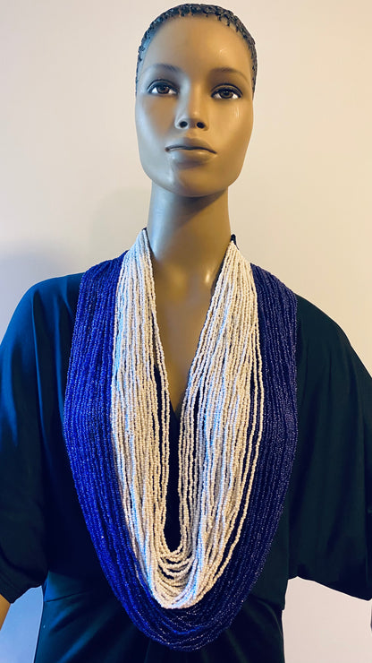 Blue and White Long Layered Seed Bead Necklace