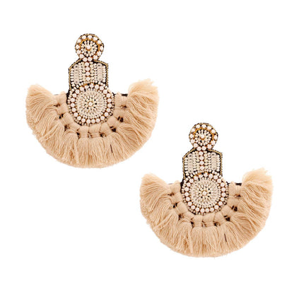Seed Bead Crystal Fan Tassel Dangle Earrings