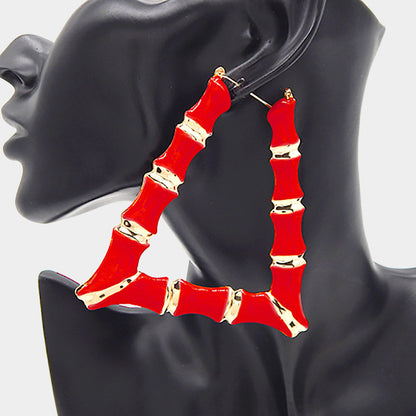 Enamel Metal Bamboo Trapezoid Hoop Earrings