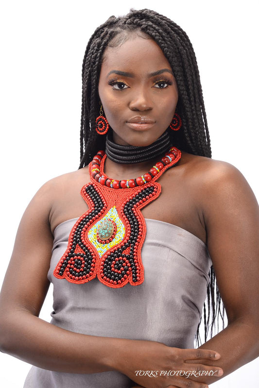 Red and Black Bead with Turquoise Mosaic Pendant Bib Necklace
