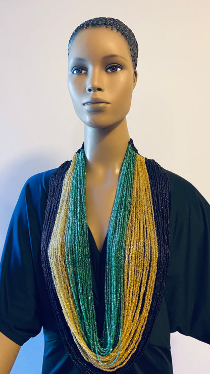 Black Gold and Green Long Layered Seed Bead Necklace