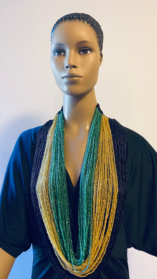 Black Gold and Green Long Layered Seed Bead Necklace