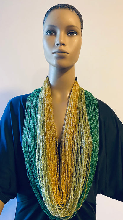 Green, Lime Green and Gold Long Layered Seed Bead Necklace.