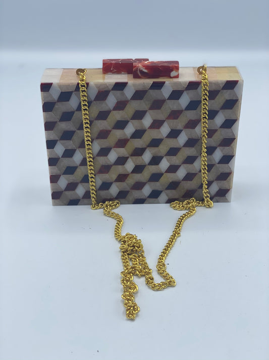 Handcrafted Geometric Champagne and Brown  Mother Of Pearl Clutch